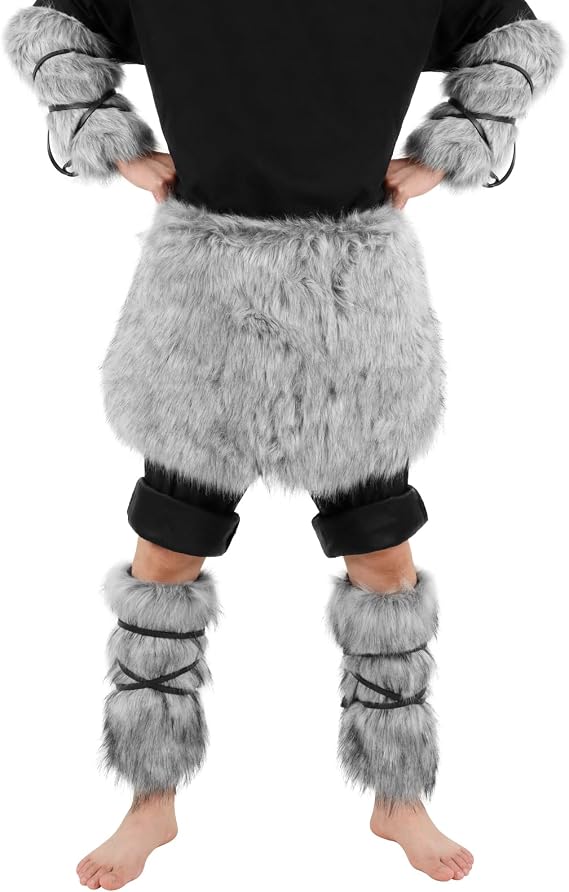 HAOAN 9 Pieces Halloween Viking Costume Accessories Faux Fur Mini Skirt Leg Wraps Warmers Arm Cuffs Covers Set