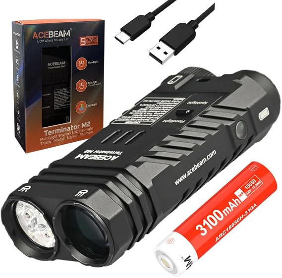 ACEBEAM Terminator M2 Dual Head Spot/Flood EDC Flashlight -Black 2000 Lumen, 5000K