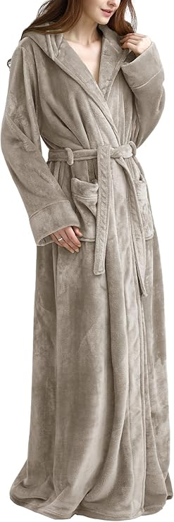 Flygo Womens Fluffy Plush Long Hooded Robe Full Length Fleece Bathrobe