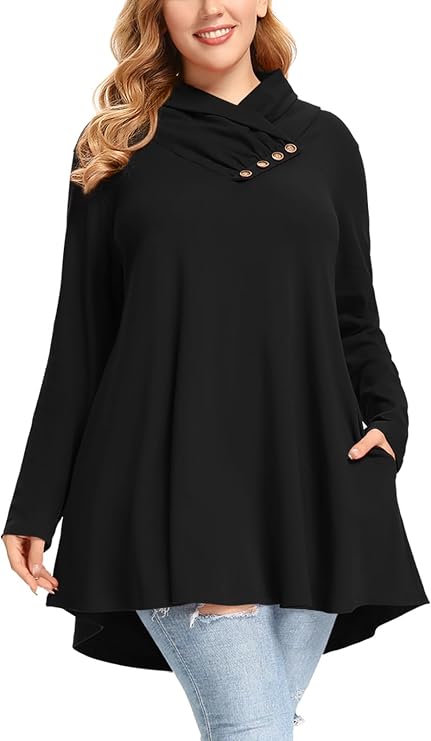 LARACE Cowl Neck Sweatshirts For Women Plus Size Tops With Pockets | soft cotton plus size cowl neck tunic tops for women, loose fit, pockets, hides belly & hips, great with leggings