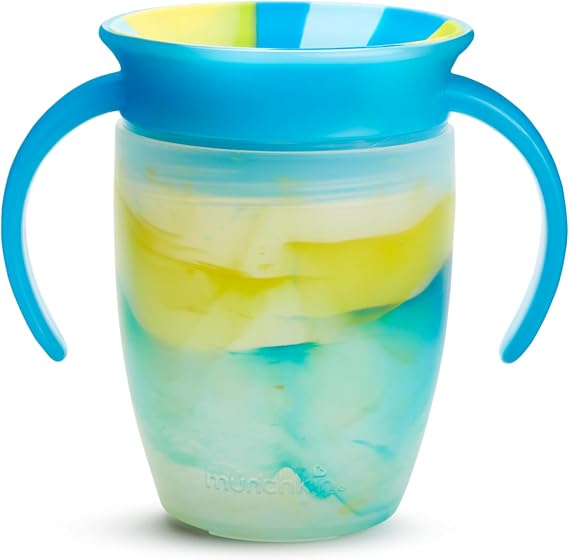 Munchkin Miracle 360 Sippy Cup for 6 Month Old, Spill Proof Baby and Toddler Cups with Transition Handles, 7 Ounce, Tropical Swirl, Blue/Green