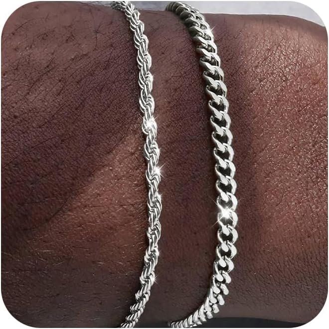 Risamil Mens Bracelet, Silver Plated Bracelets for Men Layered Cuban Rope Chain Bracelets 3mm/5mm Dainty Bracelets for Mens 6.5-9 Inches Silver Jewelry for Men Gifts