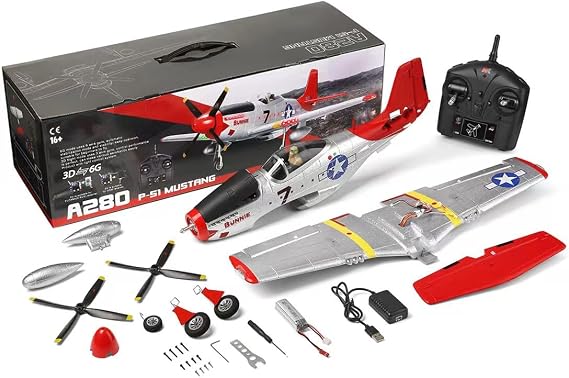 XK A280 P-51 RC Airplane 2.4G 4CH Fixed Wing RC Aircraft with Brushless Motor, Gyro Stabilization, 560mm Wingsp 3D 6G Mode Switching and Quick Detachable - RTF