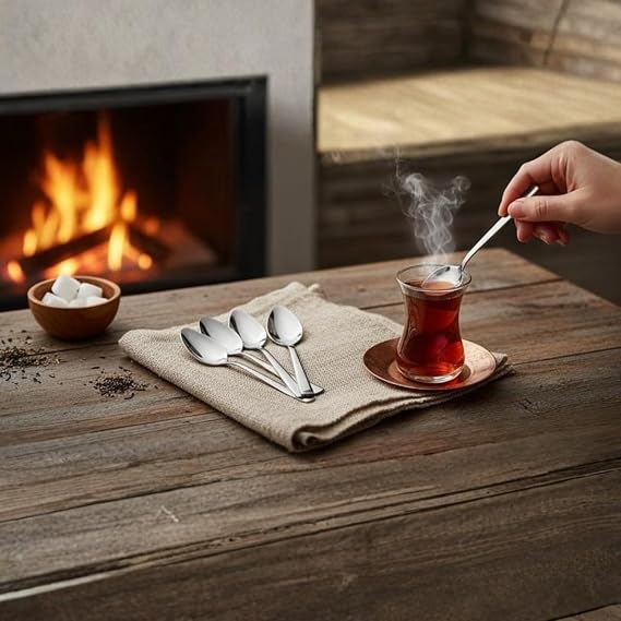 12'li Paslanmaz Çelik Çay Kaşığı Seti - Kararmaz Parlak Metal Sade Takım