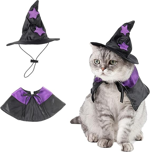 Halloween Pet Cloak Witch Hat Witch Cloak Costume for Small Dogs and Cats Halloween Clothes (S)