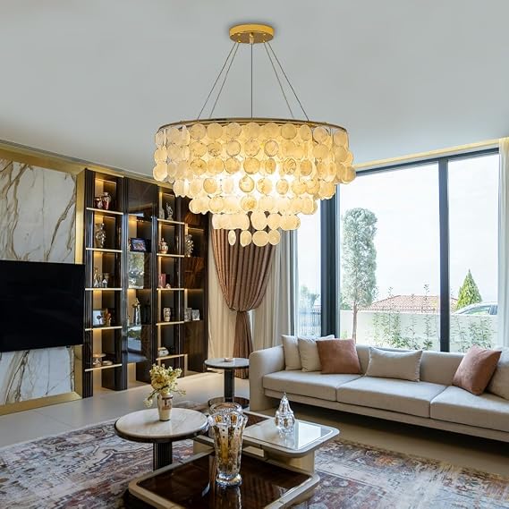 Chandelier Modern Capiz Shell 6 Lights Natural Shell Hanging Pendant Light Fixtures for Living Room Gold Contemporary Coastal Round Chandeliers for Bedroom Kitchen Dining Table Foyer Hanging L