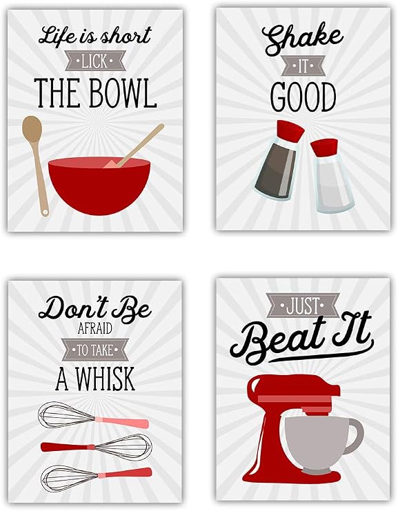 Red Retro Vintage Kitchen Wall Art Prints - Set of 4-8x10 UNFRAMED Gray, Red & White Kitchen Utensil Prints Perfect for Rustic, Modern Farmhouse, Country Decor.