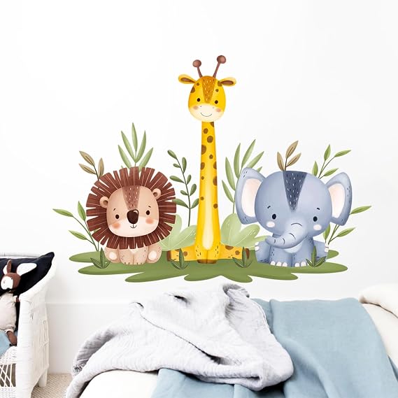 Forest Animals Wall Decals Cartoon Jungle Animals Wall Stickers for Kids Room, Cute Giraffe Decor Stickers Elephant Lion Decals Toddler Boy Room Decor for Nursery Classroom
