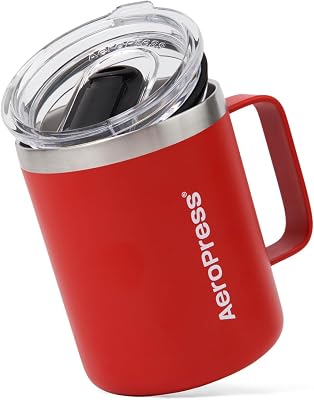 AeroPress Travel Coffee Mug with Handle, Double-Wall Vacuum Insulated Stainless Steel with Splash-Resistant Slider Lid, Compatible for Hot or Cold Drinks, Dishwasher Safe, 12 oz, Red