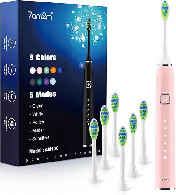 7AM2M Sonic Electric Toothbrush for Adults,Type-C Charging Run for 120 Days, with 6Brush Heads (Pink)