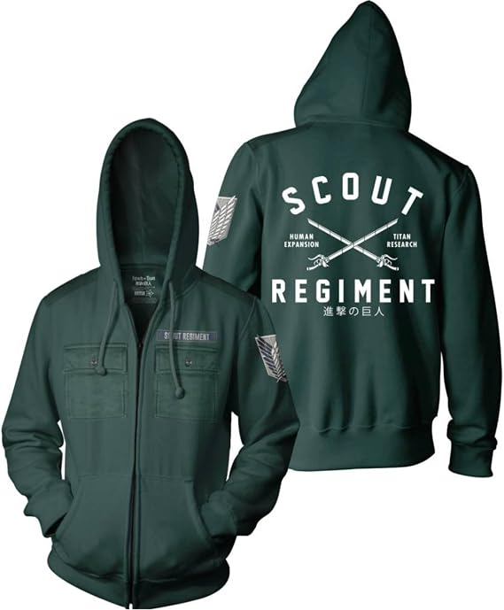 Ripple Junction Attack on Titan Men's Full Zip-Up Hooded Sweatshirt Scout Regiment AOT Military Anime Fleece Hoodie 2XL Green