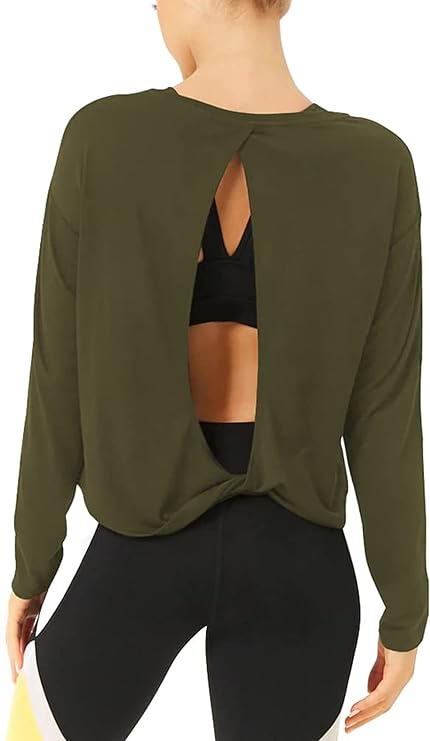Bestisun Long Sleeve Workout Athletic Shirts Open Back Yoga Tops for Women