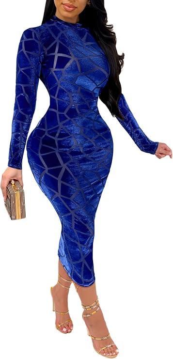 Uni Clau Women Sexy Sheer Mesh Boydcon Midi Dress See Through Printed Long Sleeve Midi Skinny Clubwear Party Dress