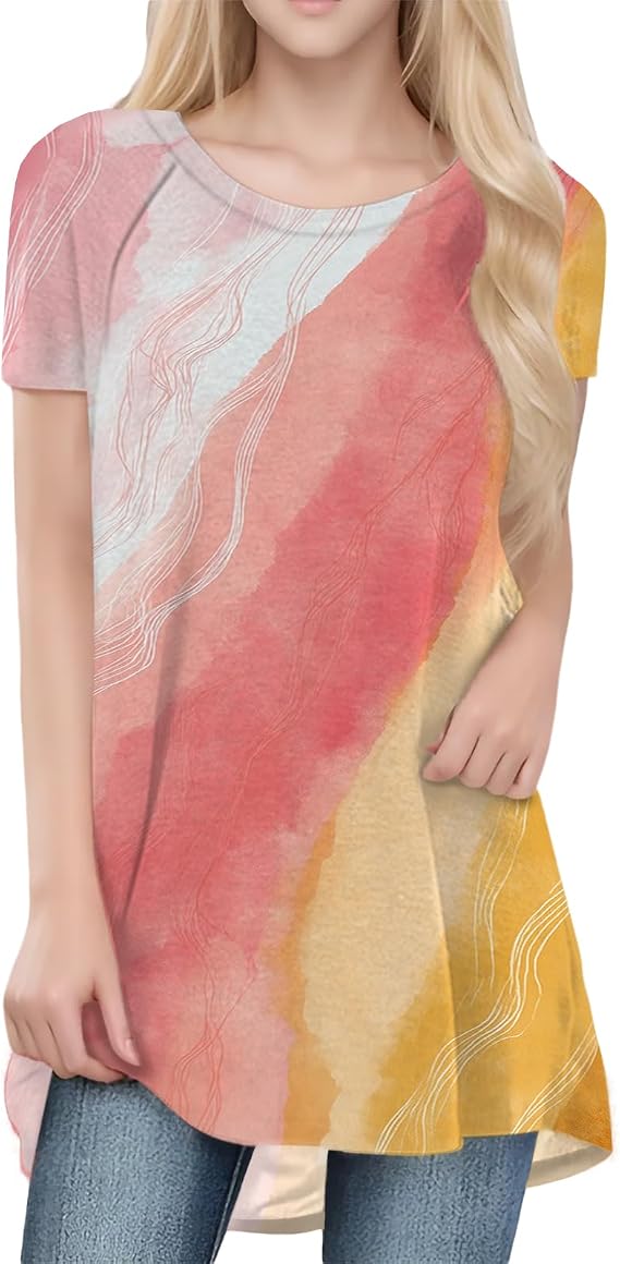 Short Sleeve T Shirts for Women Dressy Casual Relaxed Fit Summer Swing Tops Trendy Boho Warm Patchwork Print Crewneck Classic Blouses Lightweight Comfy Curved Hem Vacation Beach Outfits,L