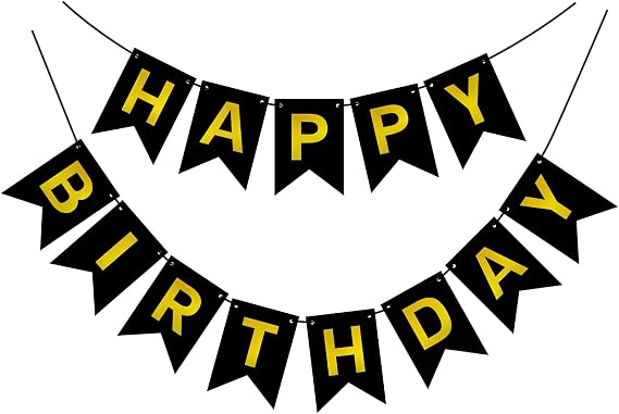 Pre-Strung Black and Gold Happy Birthday Banner Sign for Party Decorations | Pre-Strung