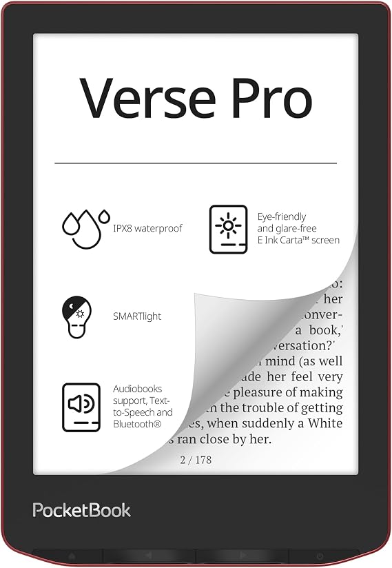 PocketBook Verse Pro E-Reader Waterproof | Eye-Friendly 6'' E-Ink CartaTM HD Touchscreen | Audio-Book & E-Book Reader | Text-to-Speech Function | SMARTlight | 16GB | WiFi & Bluetooth | Red