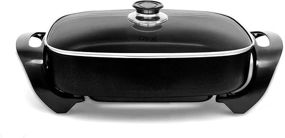 Caynel Professional Non-stick Copper Electric Skillet Jumbo, Deep Dish with Tempered Glass Vented Lid, Upgrade Thermostat, 16x 12x 3.15- 8 quart (16 * 12 Black)