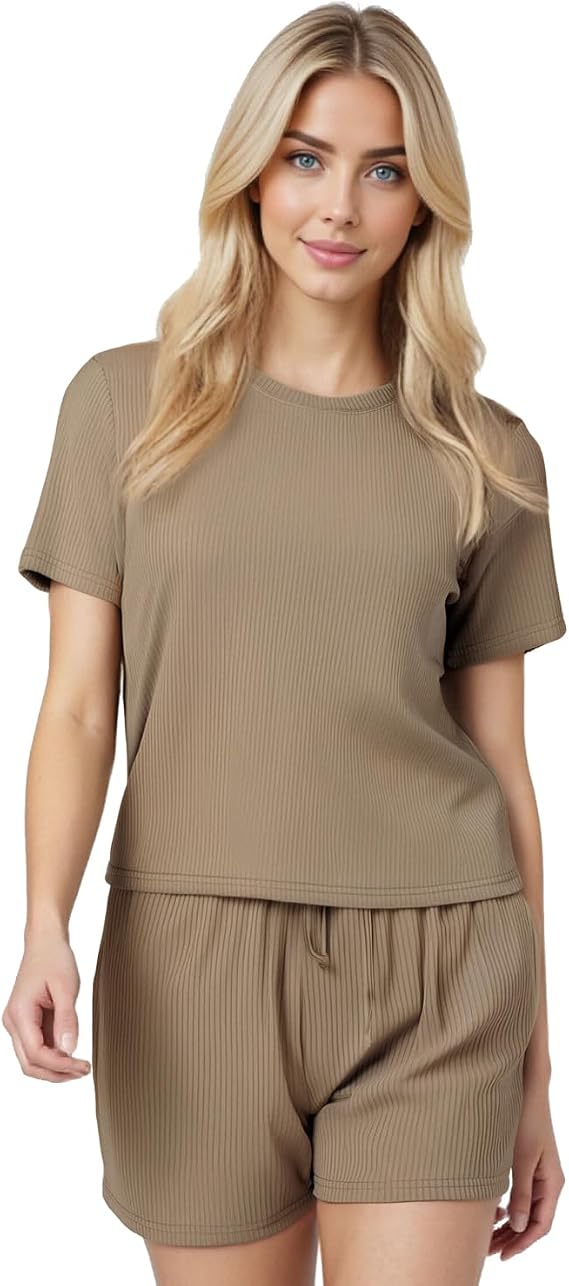 LANBAOSI Women's Short Sleeve Pajama Sets with Pockets Casual Ribbed Ladies Loungewear Set 2 Piece Comfy Lounge Sets Pjs