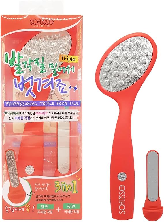 [Soflisse] Professional Triple Foot File, Ergonomically Designed Double Sided Stainless Steel Foot Scrubber, Callus Remover, Comfortable Grip, 1EA