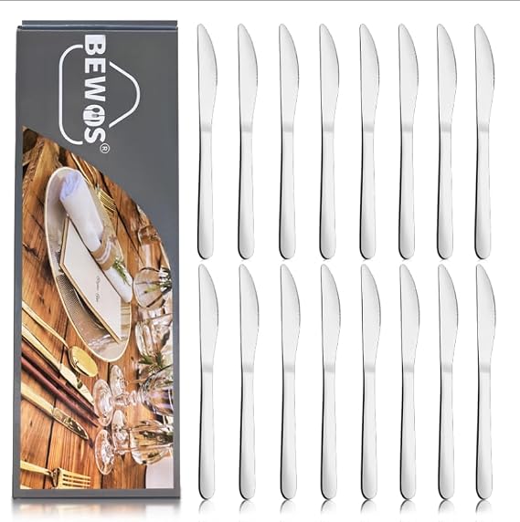 BEWOS Table Knife Set 16 Pieces 23.2 cm (9.1 Inch) Knife Set Butter Knife Table Knife Made of Stainless Steel Highly Polished Cutlery Knife Table Knife for Home Catering Dishwasher Safe