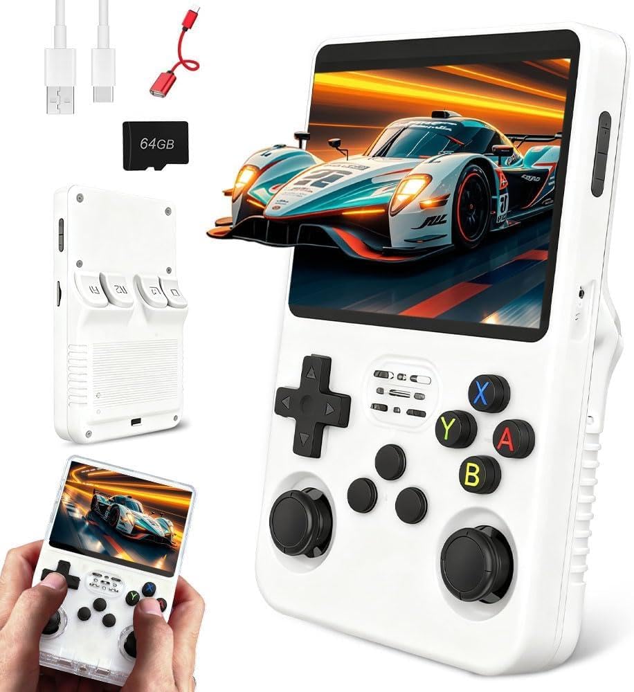 R36s Handheld Game Console, Retro R36s Game Console with 64G TF Card, 3.5 In Screen Linux System Retro Games Console Handheld (White, 64, GB)