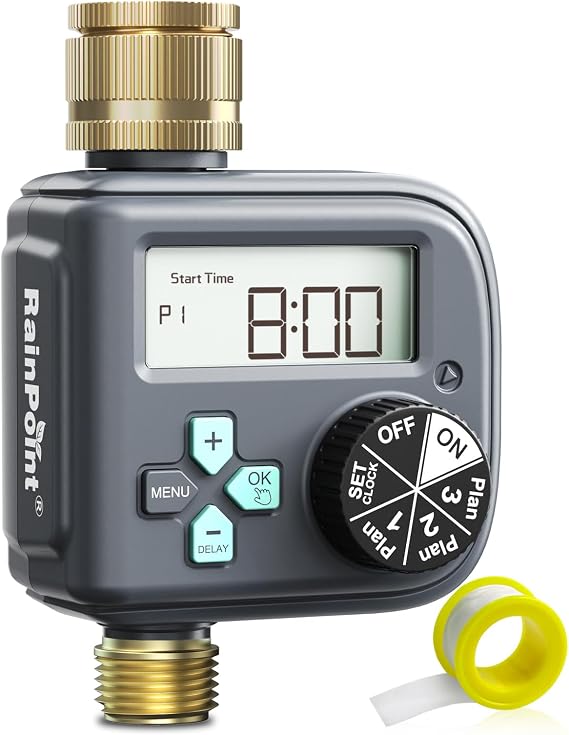 RAINPOINT Water Timer with Brass Inlet and Outlet, 3 Independent Programs, Rain Delay, Hose Sprinkler Timer with Daily/Weekly/Monthly Watering Mode for Garden/Lawn/Pool