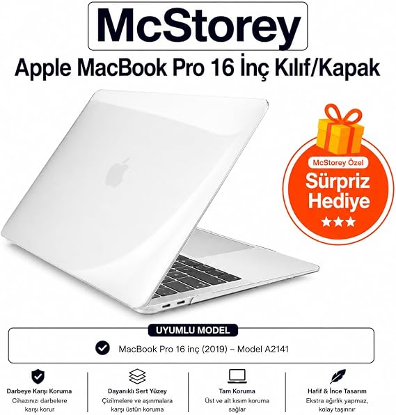 McStorey MacBook Pro A2141 Uyumlu Kristal TPU Sert Kılıf 16 inç 2019 Touch Bar Şeffaf Koruma Koruma Şeffaf