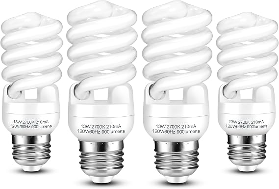 CFL Light Bulbs E26 Base T2 Spiral 13W 2700K Warm White (4-Pack)