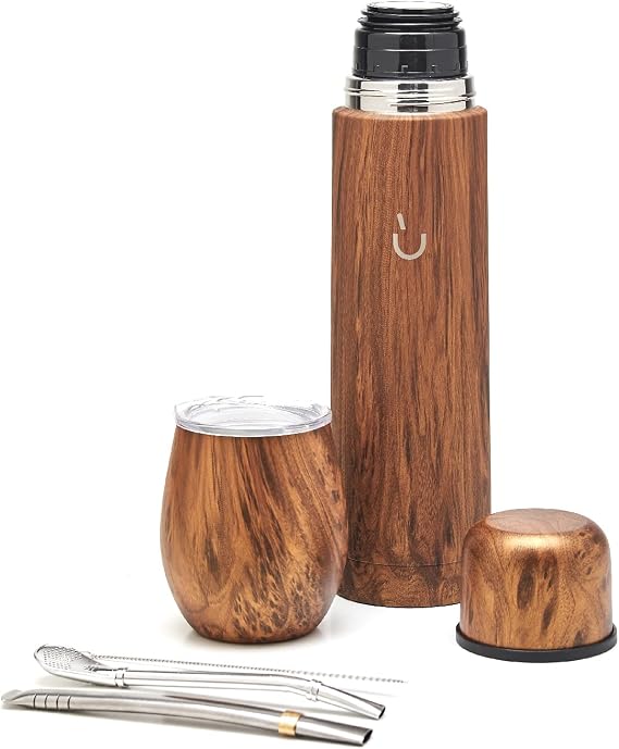 Balibetov Complete Yerba Mate Set - Modern Mate Gourd, Vacuum Flask, Bombilla and Cleaning Brush Included - All Premium Quality 304 18/8 Stainless Steel (Wood)