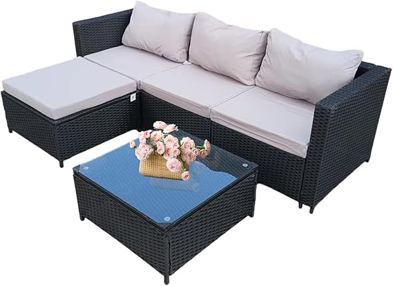 Garden Corner Sofa Furniture, 4-Seater All-Weather Rattan Corner Sofa Set w/Tempered Glass Coffee Table,Ottoman - L-Shaped Patio Garden Furniture (Black Rattan+Grey Cushion) YXL-2