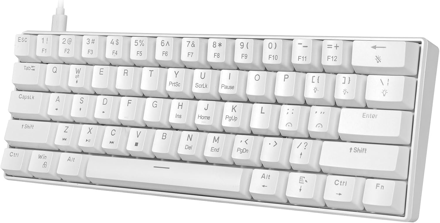 HUO JI 60% Mechanical Keyboard USB Wired Red Axis Gaming English Layout Quiet Fast Response Numeric Keyless Rainbow LED Backlight Compact PC Keyboard for WindowsMacPS5 White