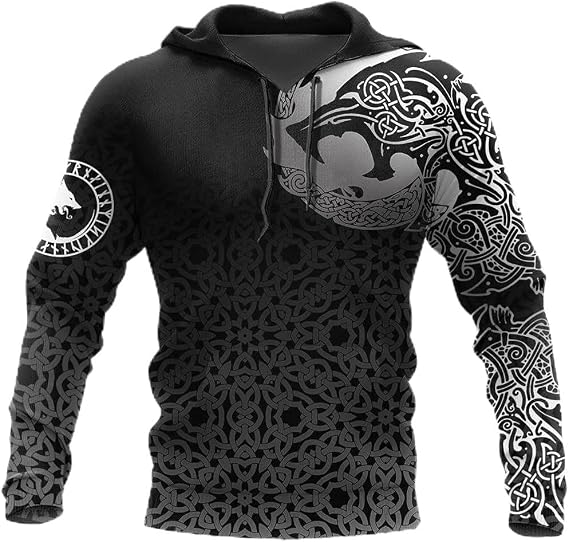 Norse Sweatshirt Zip Hoodie,Fenrir Wolf Odin Viking Tattoo 3D Print Pullover,Celtic Pagan Casual Couples Streetwear