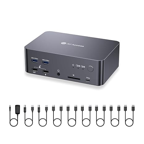 (Desktop only) AV Access KVM Switch 3 Monitors 2 Computers 8K@60Hz, with 6 DP Cables, DisplayPort 2.0, 1G Ethernet, USB 3.0, Docking Station Triple Monitor, 4K@165/144Hz, 2K@144Hz