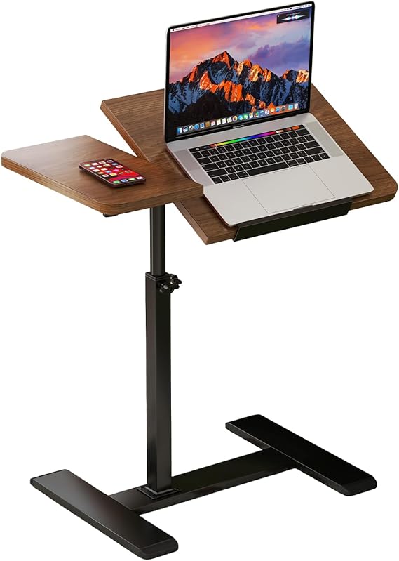 Overbed Bedside Table with Wheels, Tiltable Hospital Bed Table Over The Bed, Pneumatic Adjustable Rolling Laptop Desk, Mobile Standing Desk for Hospital and Home Use Walnut
