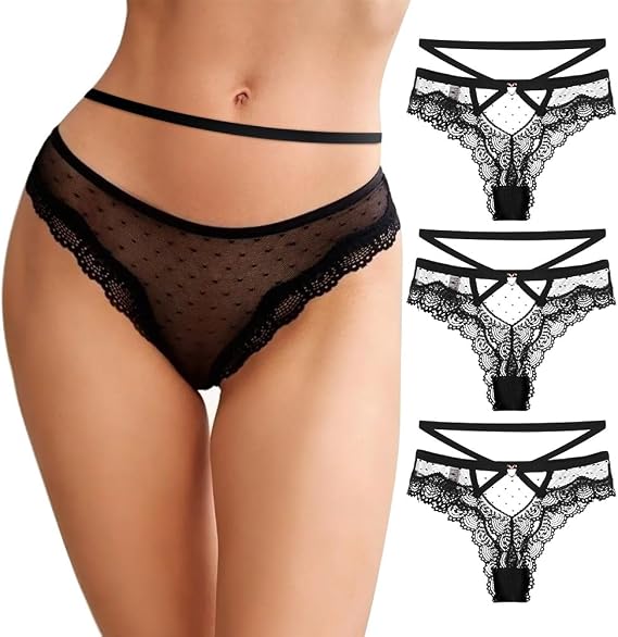 Sexy Cheeky Panties for Women Lace Mesh Underwear Cut Out Bikini Panty Brief Pack of 3