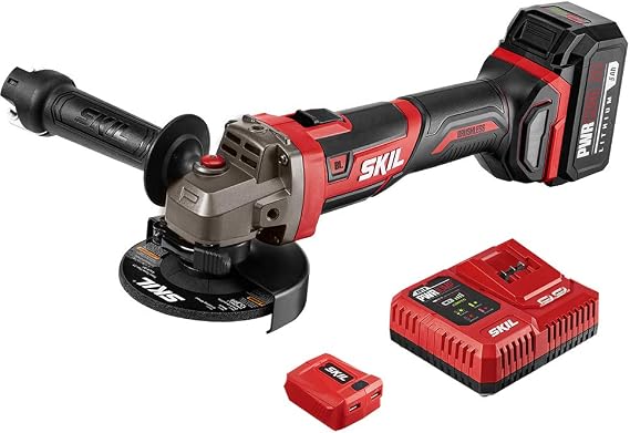SKIL PWR CORE 20 Brushless 20V 4-1/2-Inch Angle Grinder Kit, Includes 5.0Ah Battery, PWRJump Charger and PWRAssist USB Adapter - AG2907-1A