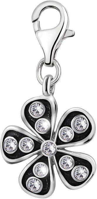 Quiges Black Enamel Daisy Flower Clip On Charm Pendant with Cubic Zirconia Silver Plated Women's Jewellery