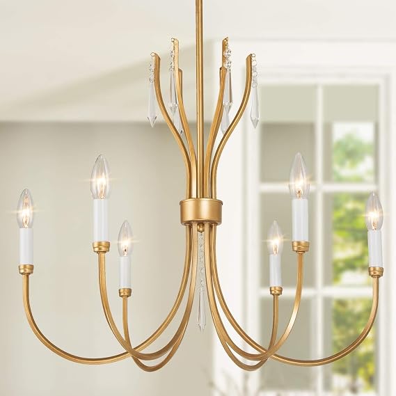 KSANA Antique Gold Chandelier for Dining Room, 6-Light Gold Chandeliers with Crystal, Vintage Modern Chandelier Hanging Light Fixtures in Brushed Finish for Kitchen Island, Living Room, Foyer