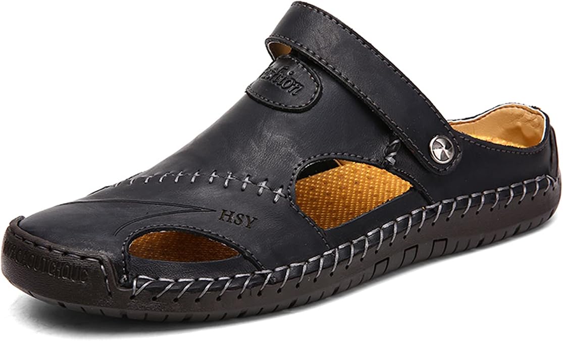 Mens Leather Sandals Summer Casual Water Shoes Walking Outdoor Beach Travel Slippers (898Black 48)