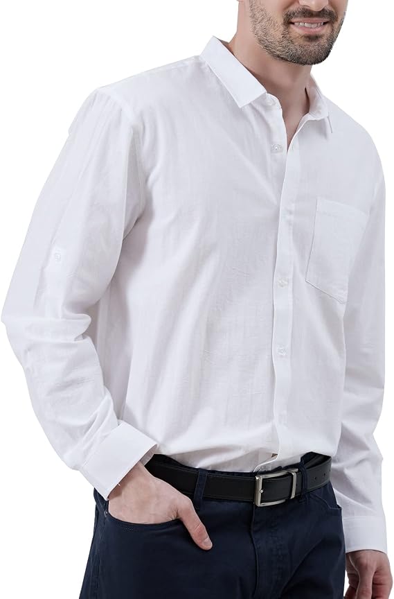 Men's Button Down Long Sleeve Linen Shirts, White, Medium