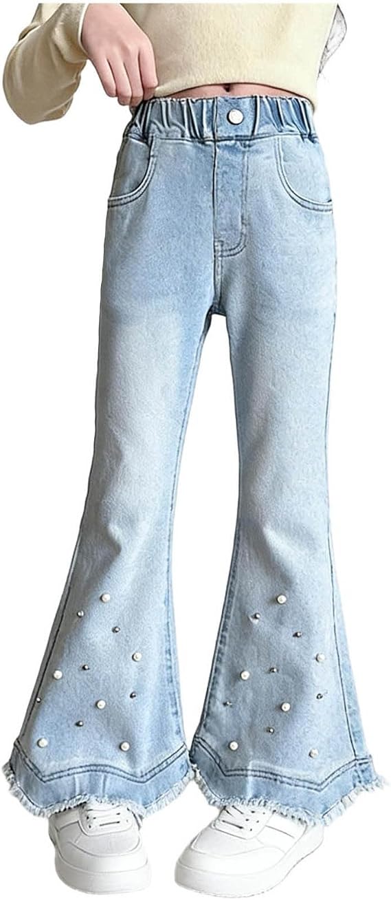 wodceeke Girls Flare Jeans Straight Wide Leg High Elastic Waisted Slim Fiit Casual Pants Trend Denim Trousers