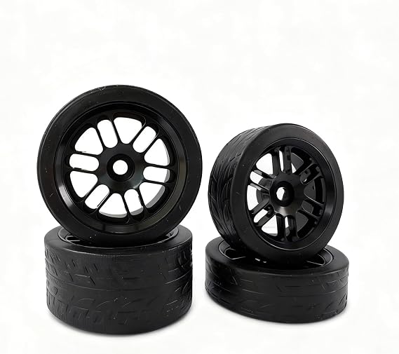 Keeda 4Pack Finished Racing Wheel and Tire Set for Losi Micro-B 1/24 RC Car - 7mm Hex, Lightweight Alloy Rims & TPE Tires for losi Micro b Upgrade (Black)