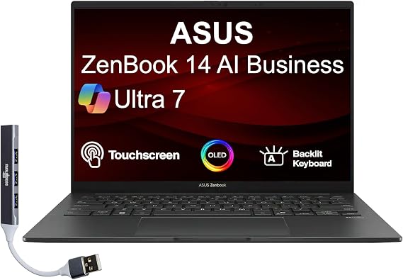 ASUS Zenbook 14 AI Business Laptop 14.0" Touchscreen OLED WUXGA Display (Intel Ultra 7-255H, 16GB LPDDR5X, 512GB SSD, Intel Arc, Backlit KB, 2 Thunderbolt 4, Win 11 Home) w/DKZ USB Port Expander