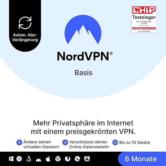 NordVPN Basis 10 Geräte 6 Monate Premium-VPN-Software Amazon Abonnements