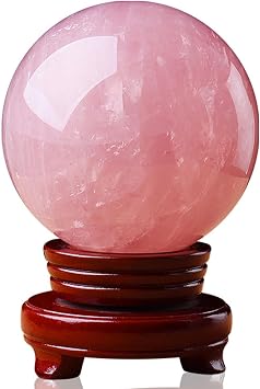 Rose Quartz Crystal Ball with Wood Stand - Polished Healing Gemstone Sphere - Natural Mineral Collcetible Sculpture Figurine for Crystals Therapy & Divination,8cm