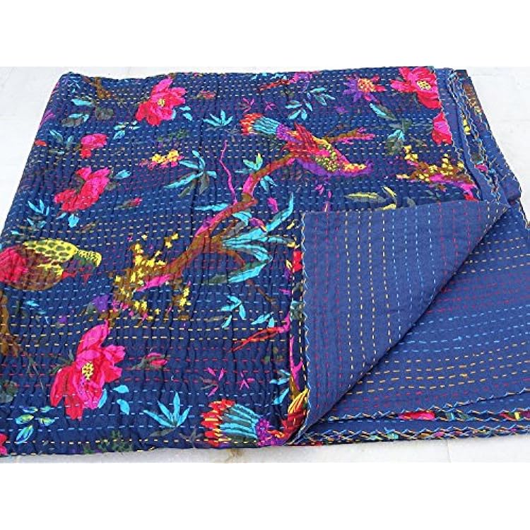Sophia-Art TwinKing Bed Bohemian Bird Queen Bedspread Handcrafted Handmade Quilt Kantha Bird Print Cover Unique Blanket Bedding Quilt Blue, Twin 60  90 Inches