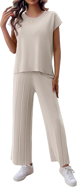 BestWendding Women's Tracksuits 2 Pieces Lounge Sets Knit Sweater Sets Casual Cap Sleeve Tops with Wide Leg Pants