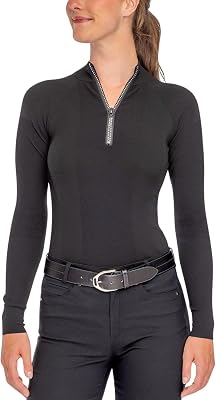 Kastel Denmark Black Ribbed Knit Crystal Zip Mock Neck Sweater for Women Stretch Technical Pullover, 9 Half Zip