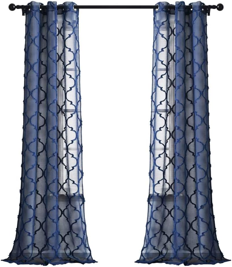 Lush Decor Navy Avon Trellis Grommet Sheer Window Curtain Panel Pair 84 x 38