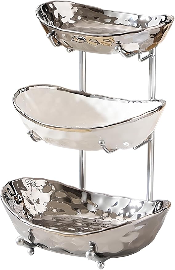 XUDREZ 3 Tier Fruit Bowl with Metal Stand for Kitchen Counter, Ceramic White Gold Silver, Tiered Fruit Basket for Nuts, Snacks, Bread, Candy Storage (Silver)